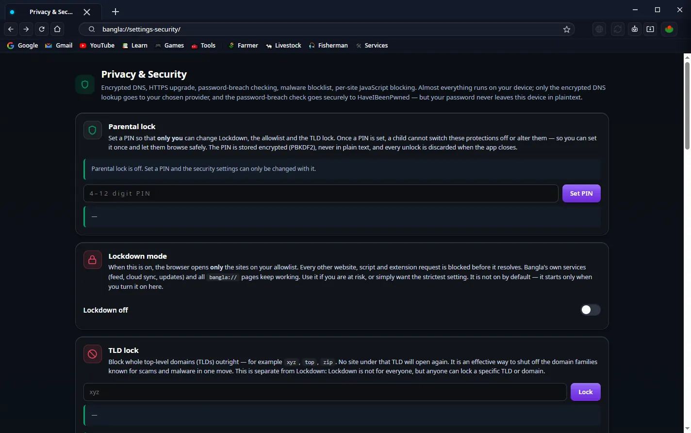 Privacy and security settings in Bangla Browser